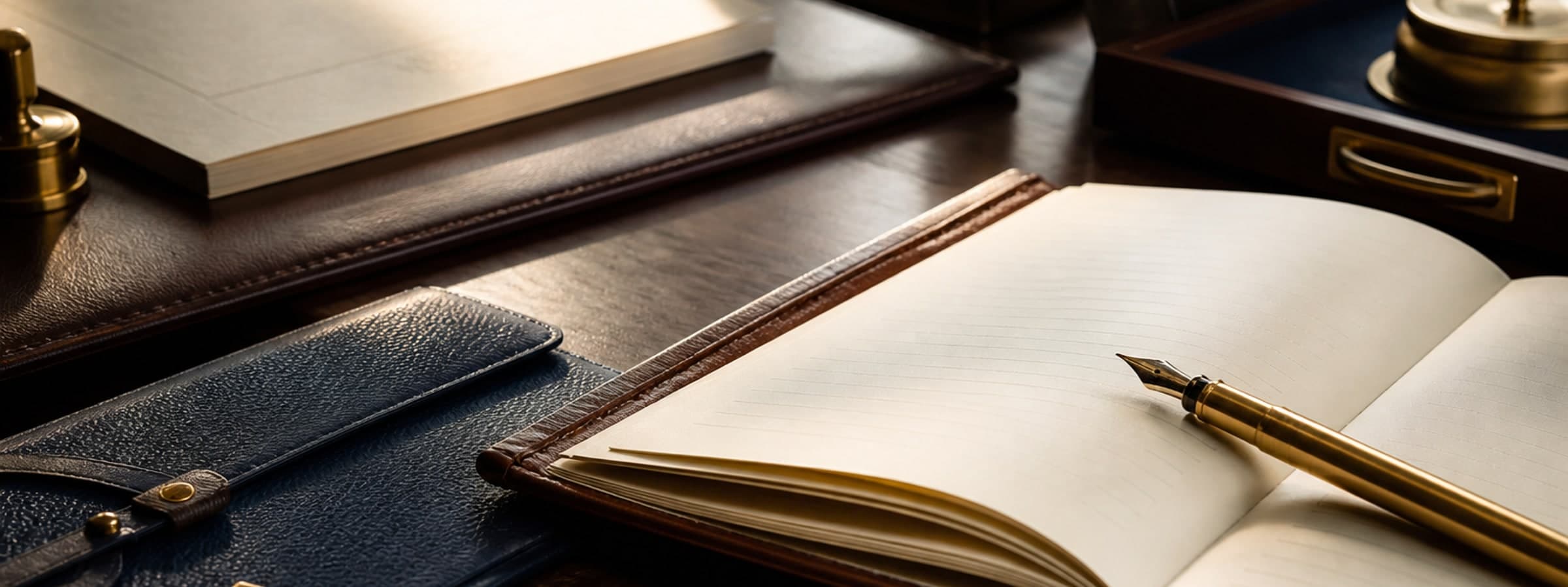 Refined desk still life with ledger, fountain pen, and navy portfolio