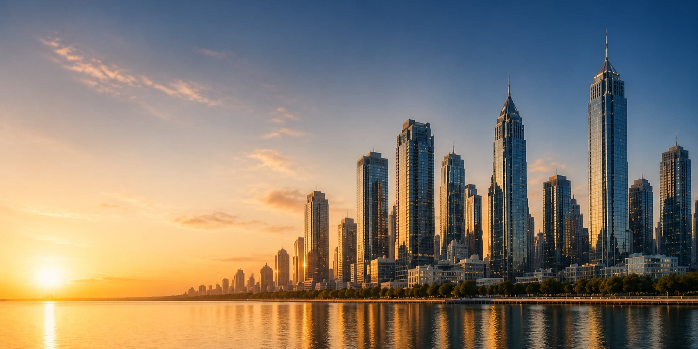 Golden-hour financial district skyline reflecting over water